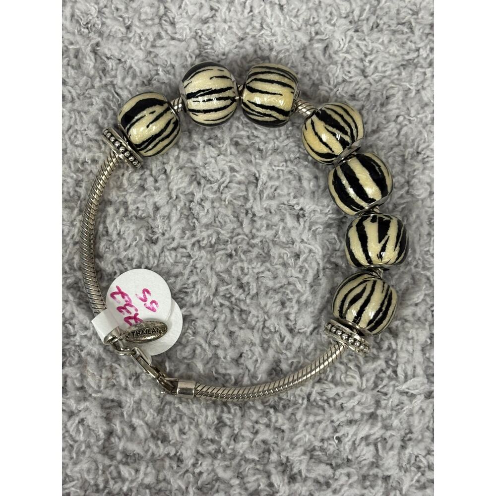 QG Sterling Silver Black Cream Bead Charm Bracelet 7.5" #71619